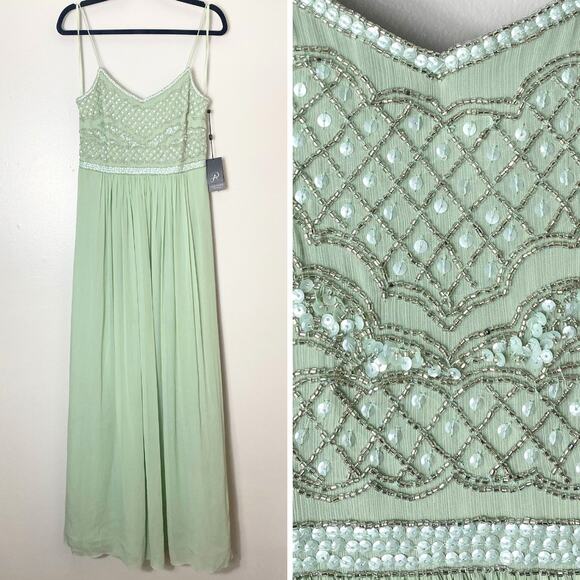 NWT ADRIANNA PAPELL DRESS 8 SEQUIN BEADED BODICE CHIFFON GREEN SLEEVELESS GOWN - Picture 1 of 16